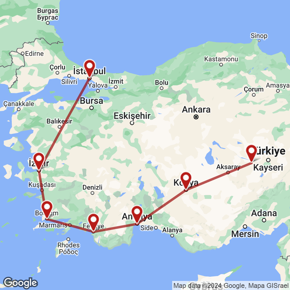 Route for Istanbul, Izmir, Bodrum, Fethiye, Antalya, Konya, Cappadocia tour